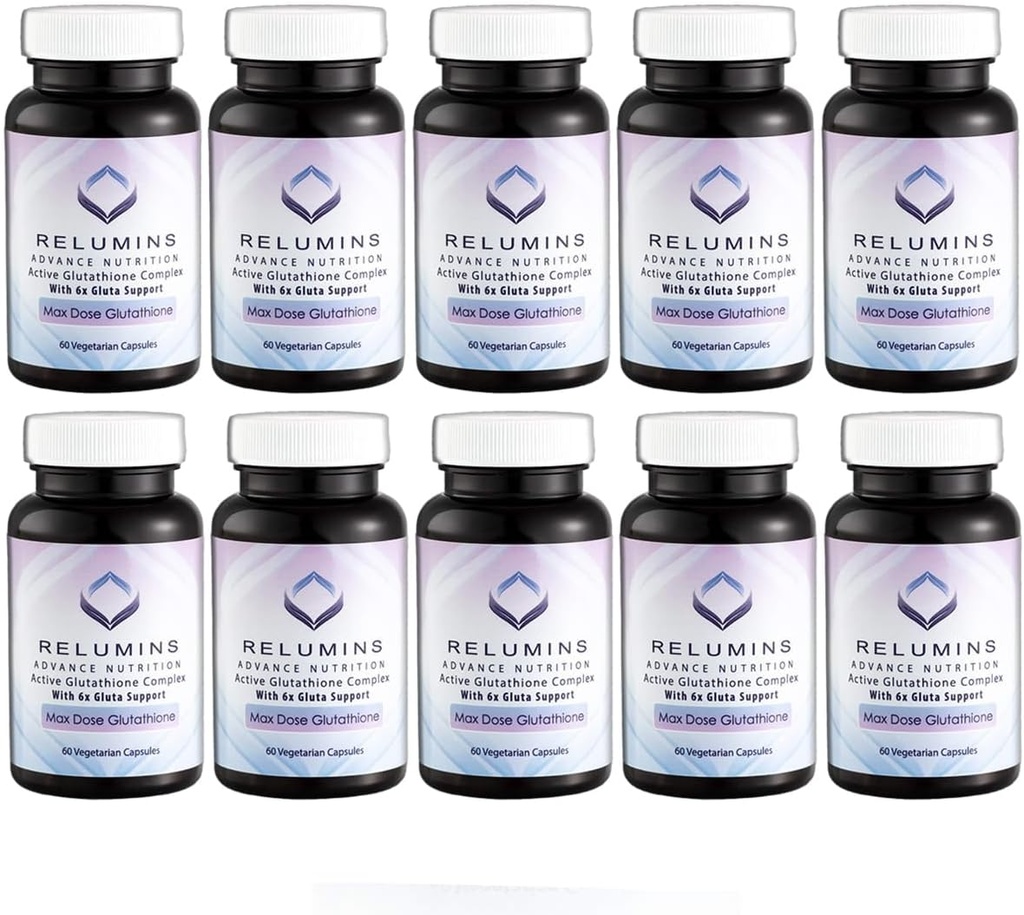 Relumines Advance White Active Glutathione Complex - Max Dose 900mg Glutathione mit 6X Boosters, ALA & NAC - Anti-Aging Skin Brighting Supplement - 60 Caps x 10 Flaschen
