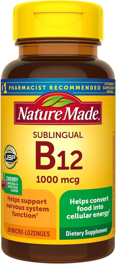 Natur Made Sublingual Vitamin B12 1000 mcg Micro-Lozenges, 50 Count for Metabolic Health