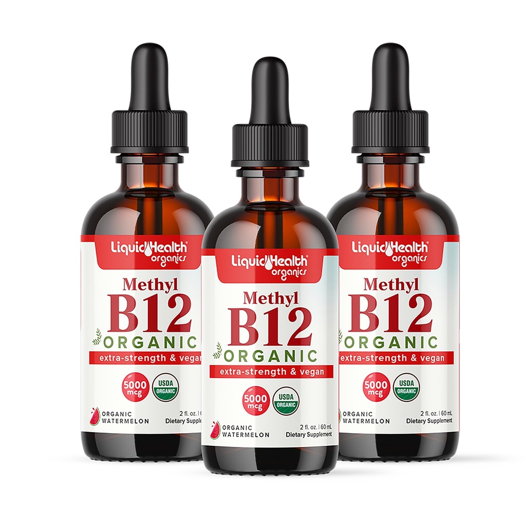 LIQUIDHEALTH USDA Organic Methyl Vitamin B12 Methylcobalamin Flüssigkeitstropfen mit Tart Cherry Juice - Boost Energy, Immununterstützung, Verbesserung der Gedächtnis & Konzentration - USA Made, Vegan, Non-GMO (3 Pack)