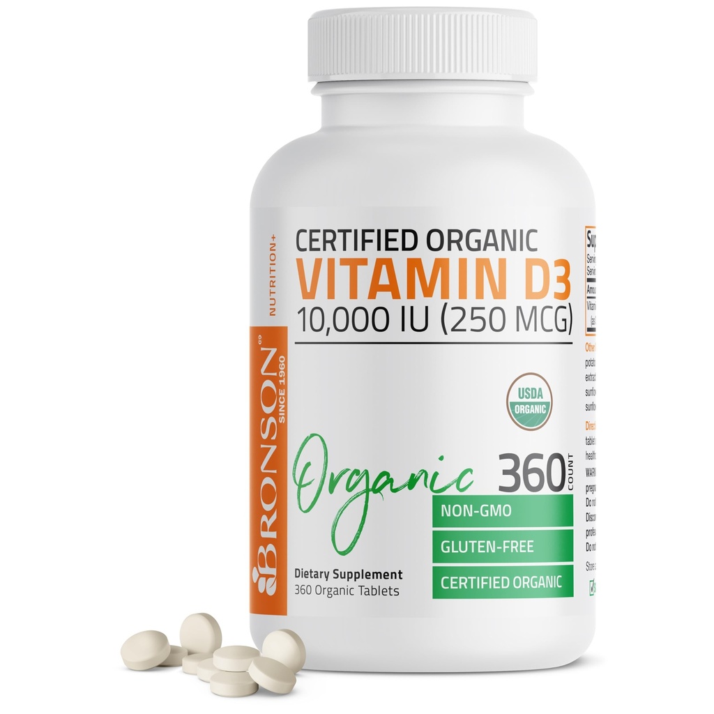 Bronson Vitamin D3 10.000 IU (250 mcg) Certified Organic High Potency Non-GMO Vitamin D Supplement, 360 Tabletten