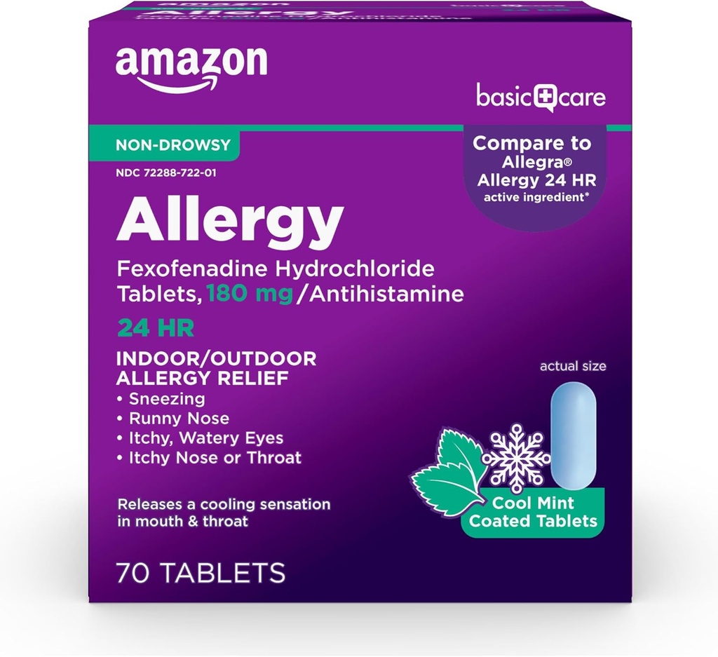 Basic Care Allergy Relief, 24 Stunden, Fexofenadine Hydrochlorid 180 mg, Non-Drowsy Antihistamin, Cool Mint Coated Tablets, 70 Count