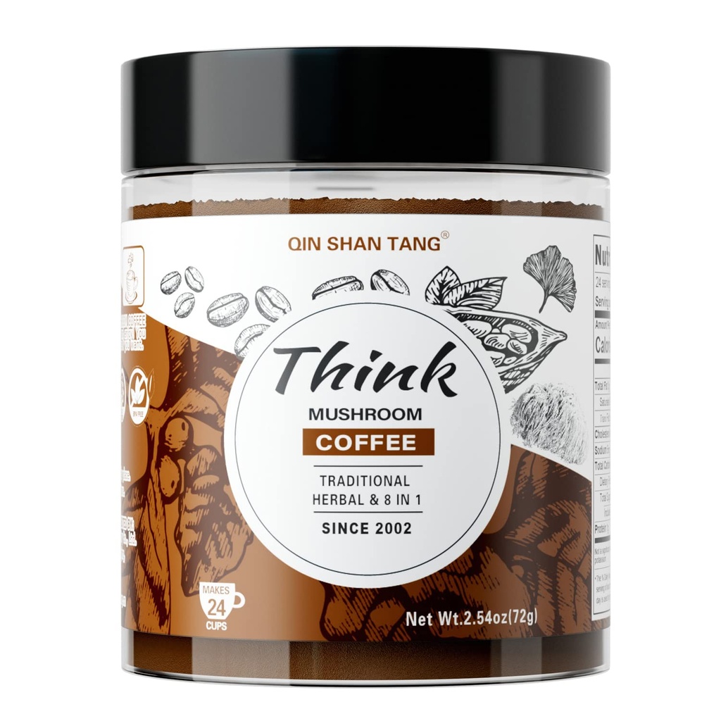 QIN SHAN TANG Pilz Kaffee für Gehirn und Fokus, Traditionelle Formel, mit Lion's Mane, Ginkgo, Alpha-GPC, Bacopa, PS, L-Theanine, 24 Portionen