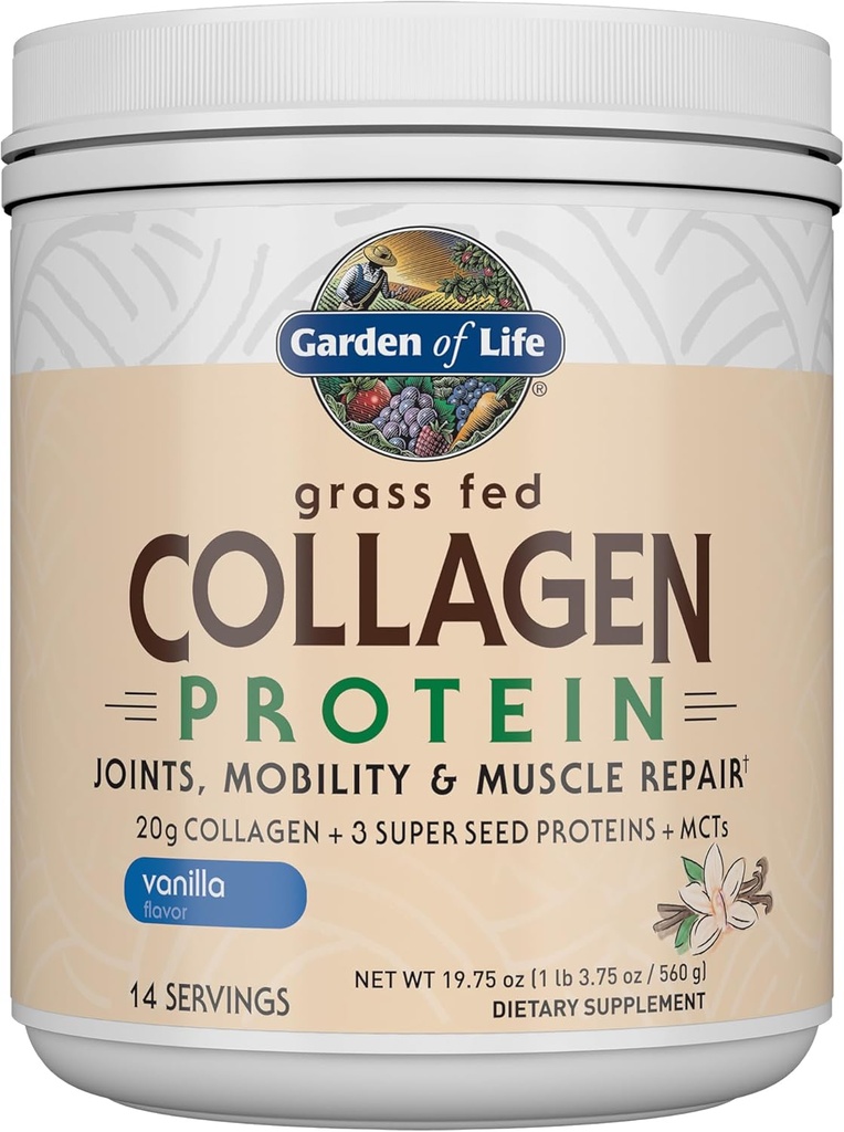 Garden of Life Poudre de protéines de collagène à l'herbe - Vanille, 14 portions, Poudre pour les articulations Mobility Muscle Repair, Collagène Peptides + Super Graines + Coconut MCTs, Supplément de kéto