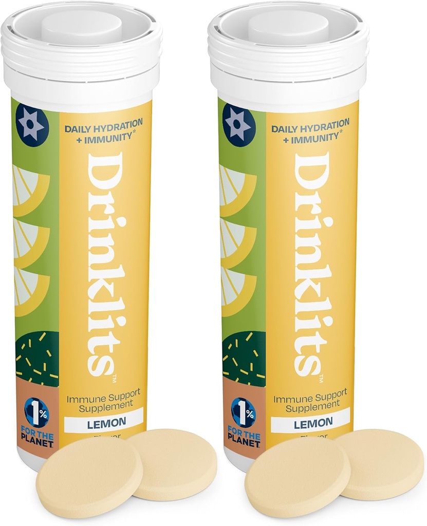 Drinklits Lemon Immununterstützung Tablets (2) Tube Bundle | Tägliche Immunität - 0g Zucker - Vitamine - Elektrolyte - Kräutermischung | 20 Servierungen – 10 Tabletten pro Tube