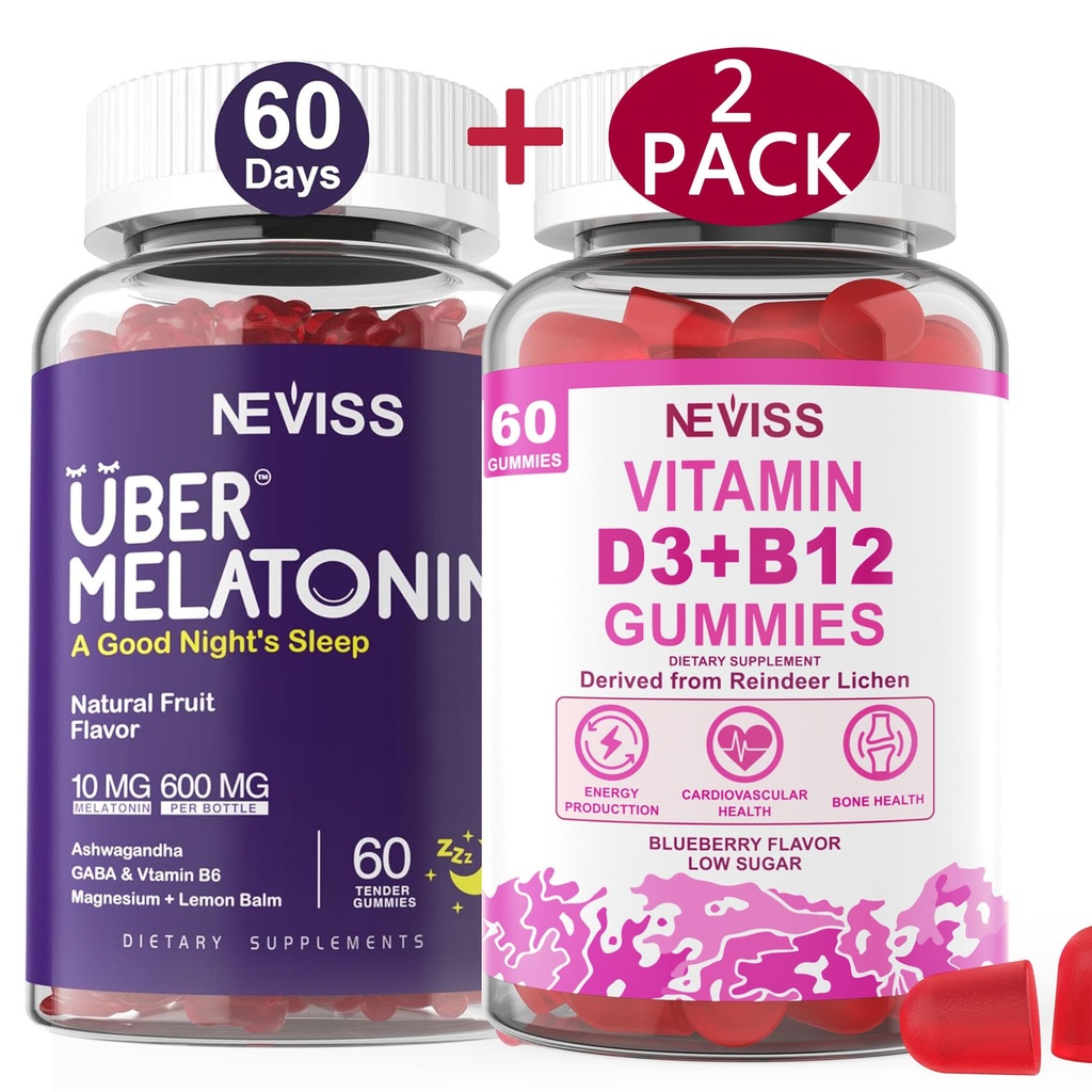NEVISS Mélatonine + Vitamine D3 & B12 Gommies, végétalien, 2+2=4 Pack