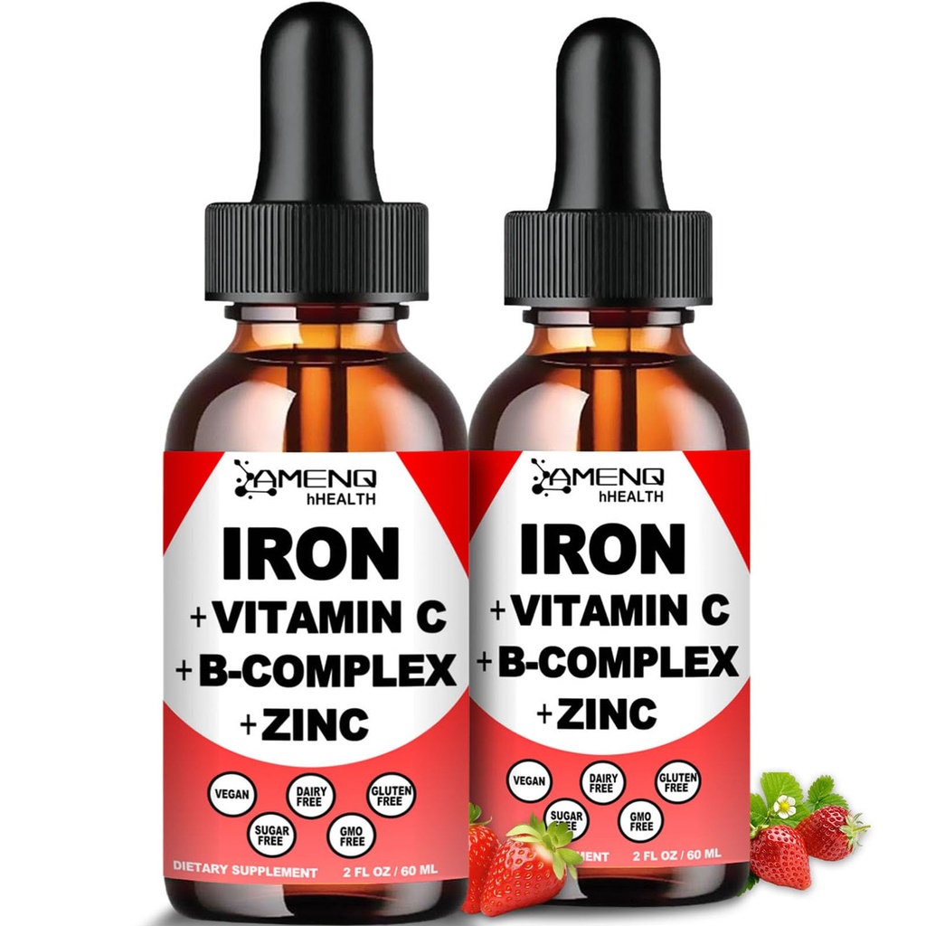 2 Pack flüssige Eisen Ergänzung w/ Vitamin C, A, B-Komplex, Vegan Eisen Tropfen hohe Potenz flüssiges Vitamin & Eisen Ergänzungen für Frauen, Männer & Kinder -Unterstützung rote Blutzelle, Energie, Anämie & Fatigue