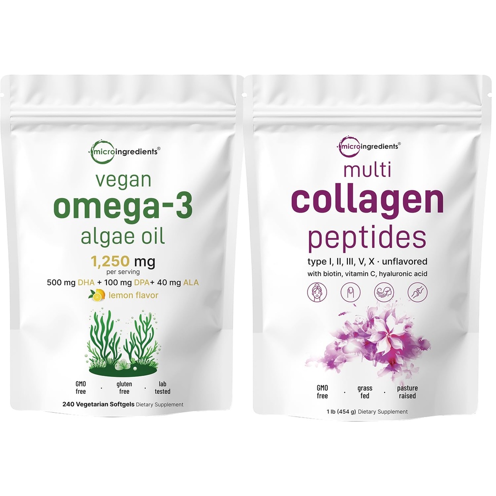 Micro-ingrédients Multi Collagène Protéine Poudre 16oz et Omega végétalien 3 Supplément d'huile d'algues Pack 2
