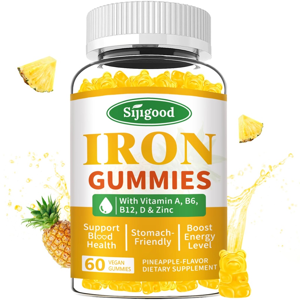 Eisengummis für Damen und Herren - Vegane Eisen-Ergänzung für Anämie & Eisenmangel, mit Vitamin B12, Vitamin C, Zink, Folat - Energie-Boost, Zuckerfrei, Ananas-Flaschen, 60 Zähler