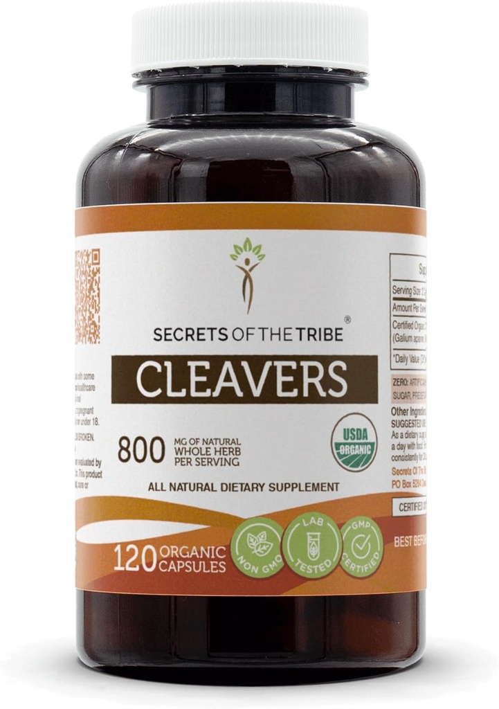 Secrets de la Tribe Cleavers USDA Organic.Fabriqué avec des capsules végétariennes et des cleavers biologiques certifiés (Galium aparine) Herbe séchée (120 capsules)