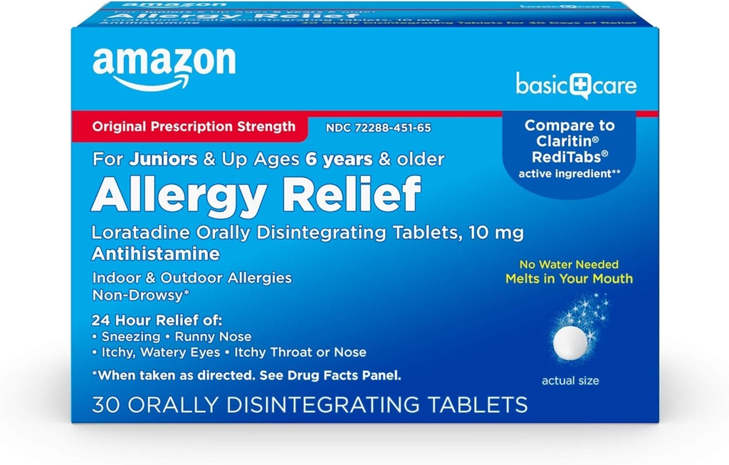 Grundpflege 24-Stunden-Kinder-Allergymedizin, Loratadine oral zerfallende Tabletten, 10 mg, Antihistamin, Alter 6+, 30 Zähler