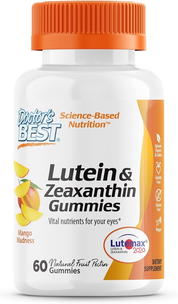 Doctor's BEST Lutein Gummis mit Lutemax 2020, 60 Ct, Kaubare natürliche Augenunterstützungsergänzung, Marigold Lutein, Zeaxanthin, Augengesundheit & Macular Support, Non-GMO, Natural Fruit Pectin, Vegan