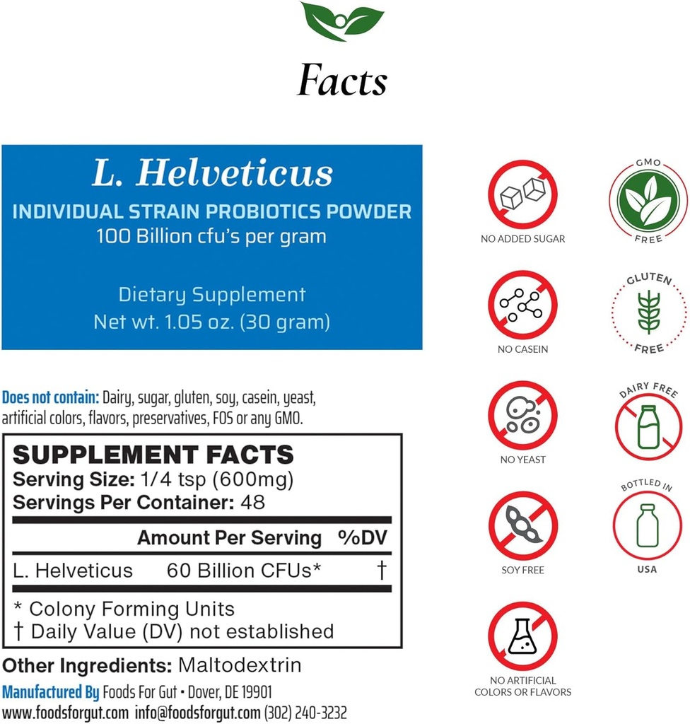 Lebensmittel für Gut Lactobacillus Helveticus Probiotic Pulver 100 Billion cfus | Keine Zusatzstoffe | Direkt vom Hersteller | Keine Third-Party Lagerung | Immununterstützung | L. Helveticus | 30 Gramm (1.05 Oz)