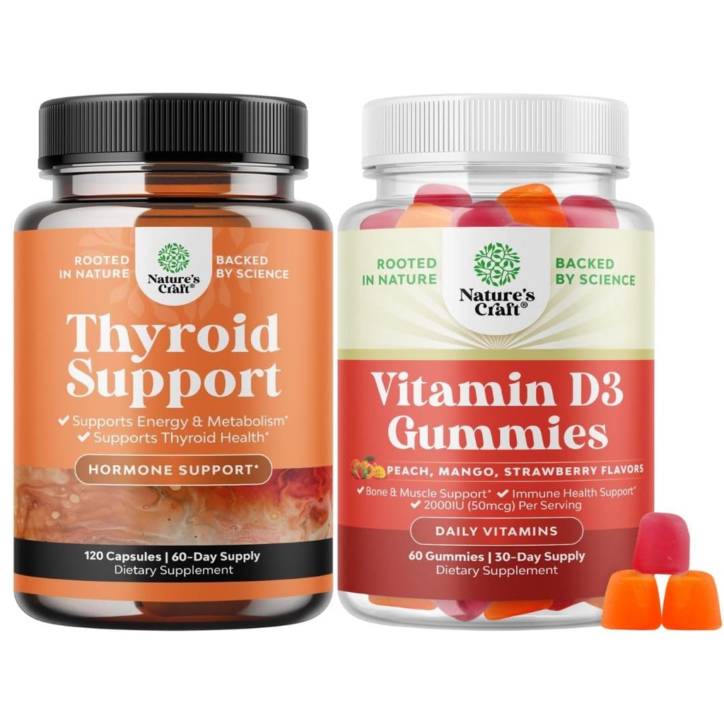 Bundle of Herbal Thyroid Support - Potent Kelp Iodine mit L Tyrosin, Bladderwrack, Selenium & Pure Ashwagandha und Vitamin D3 Gummies - Delicious D Adults with 2000IU per Serving for Bone Muscle