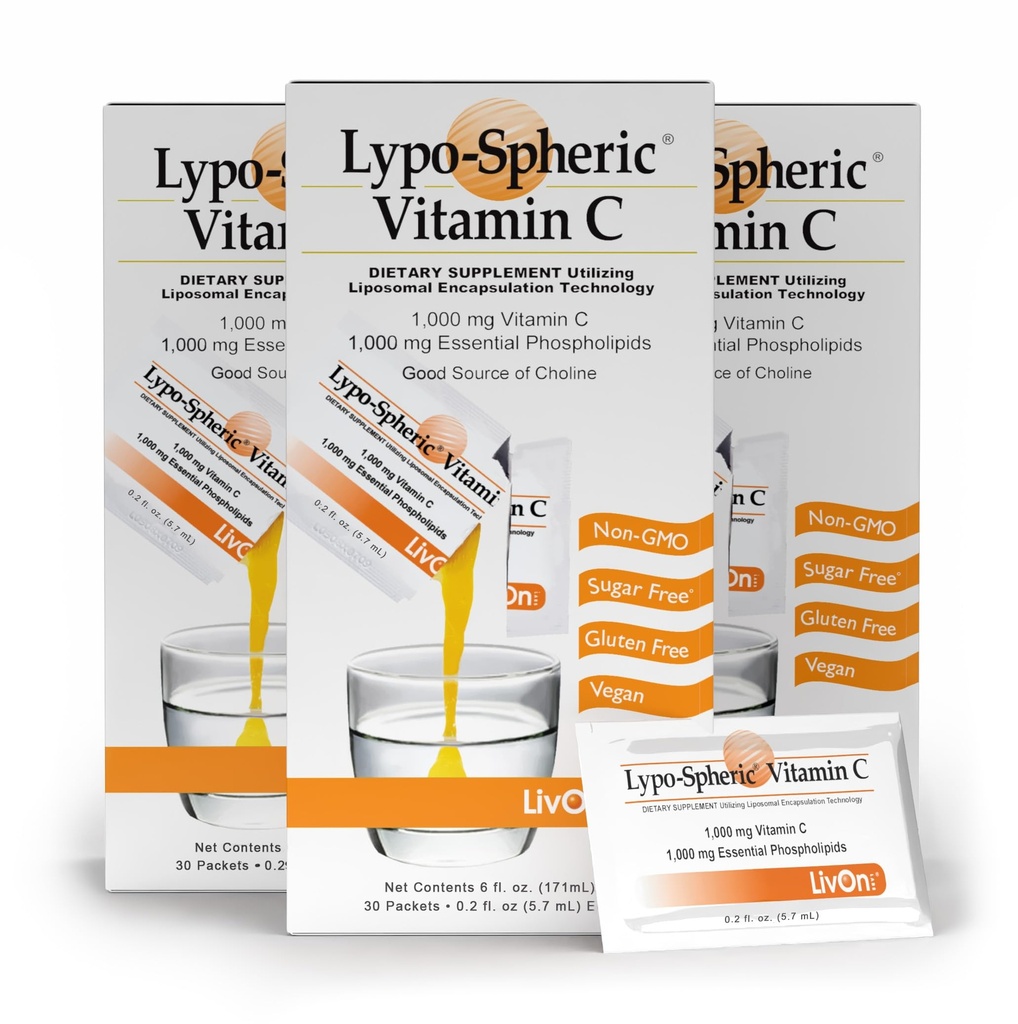 Livon Laboratories Lypo–Vitamine C sphérique – 3 Cartons (90 paquets) – 1 000 mg Vitamine C et 1 000 mg Phospholipides essentiels par paquet – Liposome encapsulé pour une meilleure absorption – 100% Non-OGM