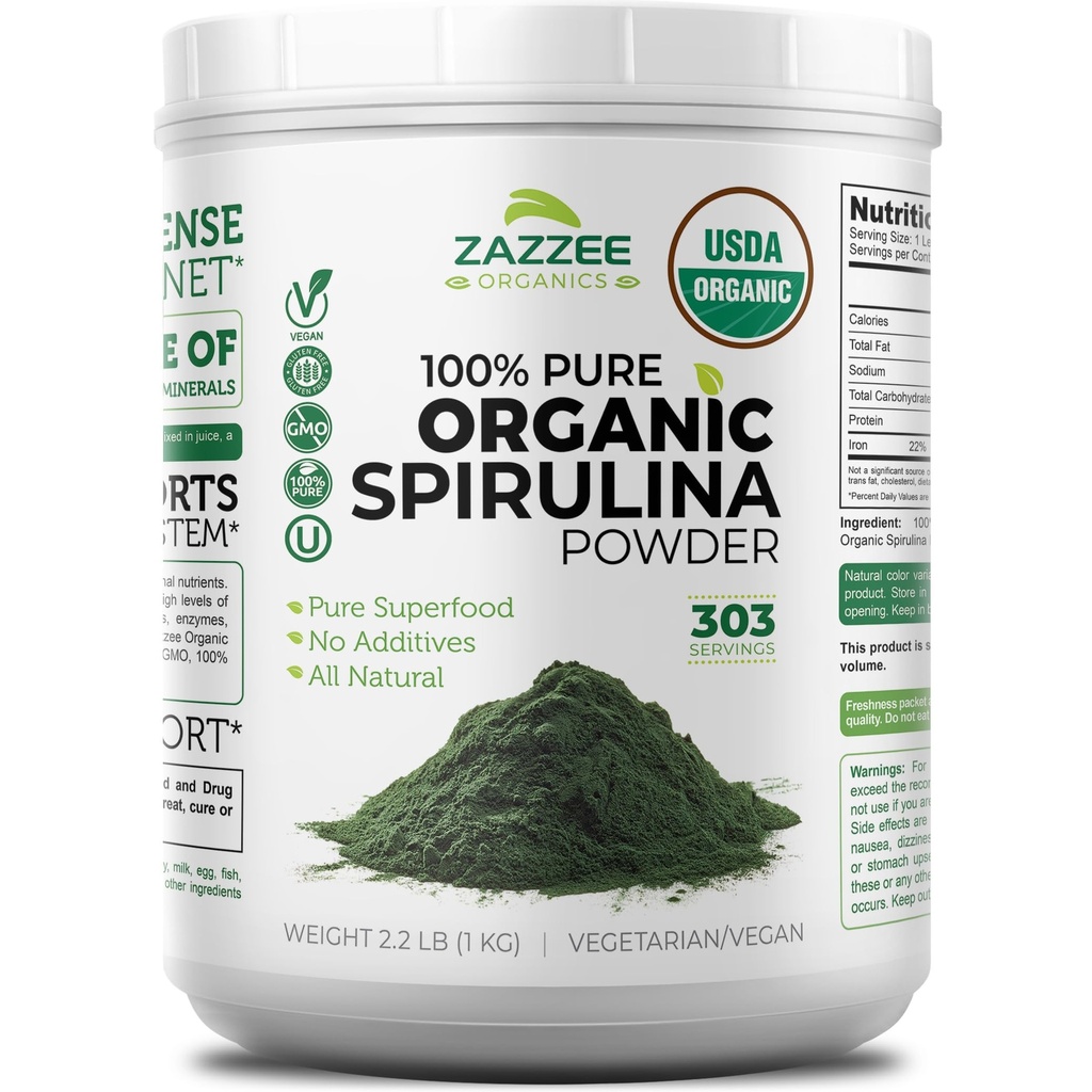 Zazzee poudre de spiruline biologique, 2,2 livres (1 KG), USDA certifié, 303 portions, Kosher, 100% pur, non irradié, contenant de bouche large sans mess, odeur fraîche et goût neutre, non-OGM, sans gluten