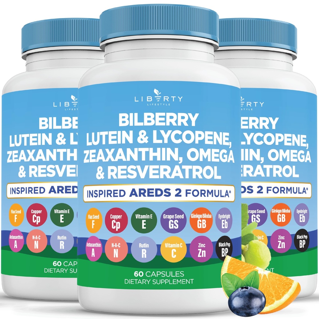 Augengesundheit Vitamine mit Bilberry, Lutein & Zeaxanthin, Lycopin, Resveratrol, Grape Seed Extract Flaxseed Astaxanthin- AREDS 2-180 Kapseln