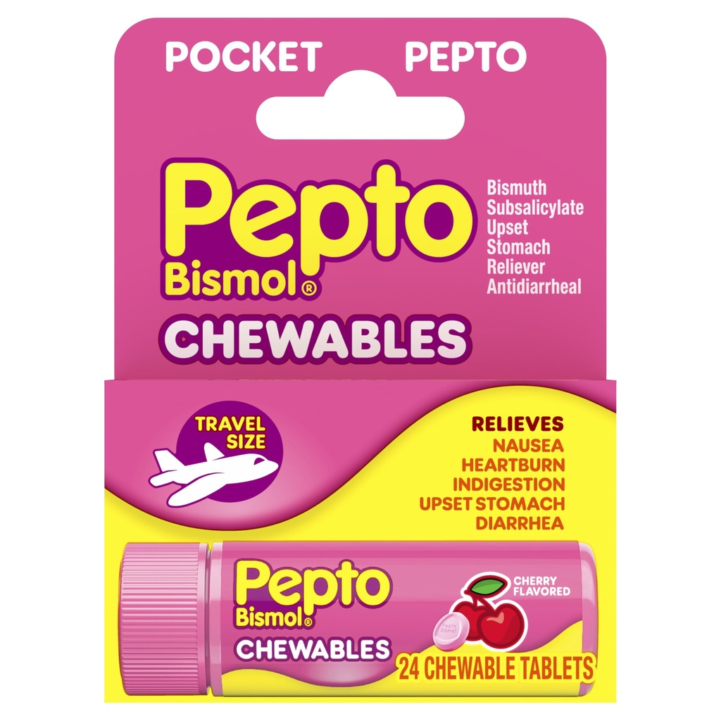 Pepto Bismol Taschen Kautabletten für Übelkeit, Sodbrennen, Verdauung, Upset Stomach und Durchfall - 5 Symptom Fast Relief, Cherry Flavor 24 ct