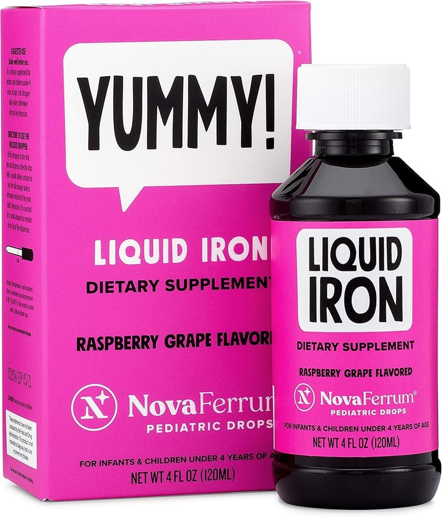 NovaFerrum Yummy | Pediatric Drops Flüssige Eisen-Ergänzung für Kleinkinder und Kleinkinder | Flüssige Eisen für Kinder | 15mg Eisen pro 1mL Dose | Alter 4 & Unter | Gluten Free Certified | Sugar-Free | Raspberry