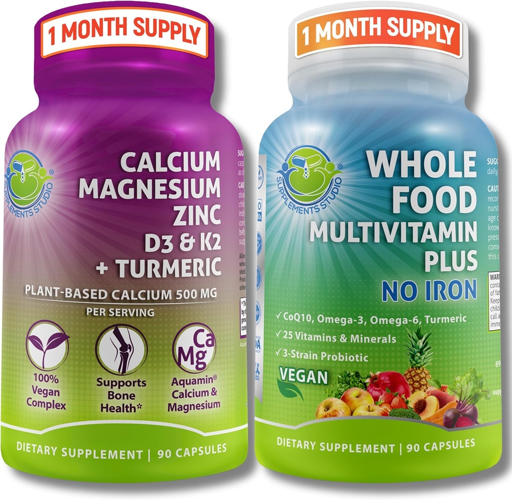 SUPPLEMENTS STUDIO Daily Immune, Bone & Energy Support Duo für Herren & Frauen – Vegan Ganzes Lebensmittel Multivitamin ohne Eisen & Pflanzen-Based Calcium Magnesium mit D3, K2 & Turmeric – Vegan, Non-GMO