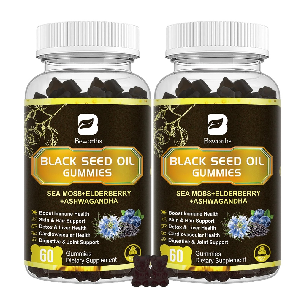 Black Seed Oil & Sea Moss Gummies, 2Pack Irish Sea Moss Gummis mit schwarzem Seed Oil, Ashwagandha Extract, Elderberry, Turmeric, Vitamin C, Vitamin D3 - Immununterstützung, Gelenke, Verdauung, Haar & Haut