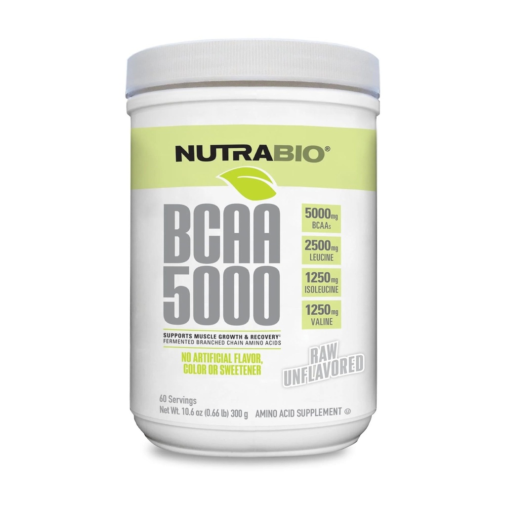 NutraBio BCAA 5000 Poudre - Acides aminés à chaîne ramifiée fermentée pour la croissance et la récupération musculaires - Arômes naturels, édulcorants et colorants, végétaliens, sans gluten - Sans saveur, 60 portions