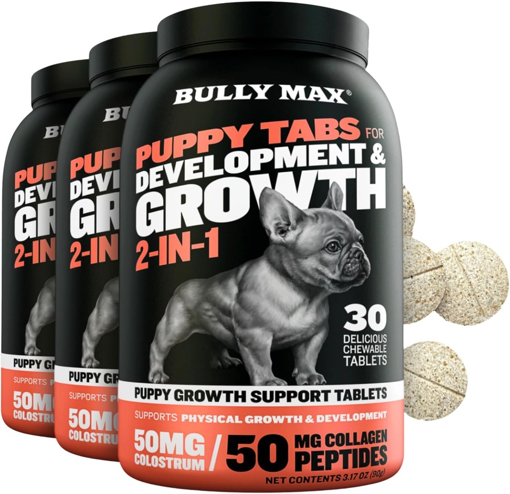 Bully Max 2-in-1 Puppy Vitamins - 30 Chewable Tablets for Growth & Development of Puppies - Multivitamin Treats & Essential Dog Supplements for Small Dogs & Large Breed Growing Pups - 3 Bottles