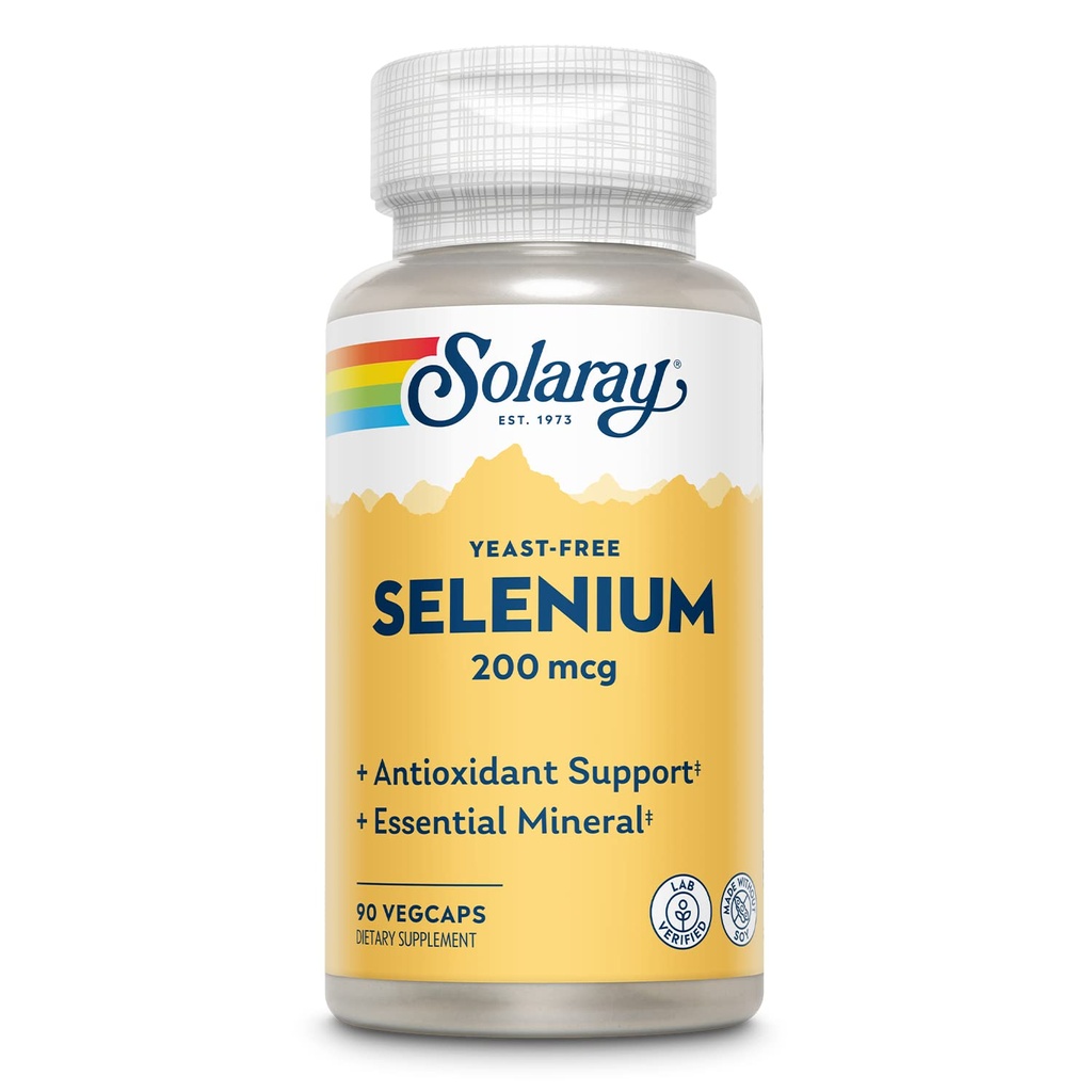 Selénium sans levure Solaray 200mcg, Capsules de sélénium pour une fonction thyroïdienne saine et un soutien immunitaire, supplément d'absorption élevée, végétalien, 90 portions, 90 VegCaps