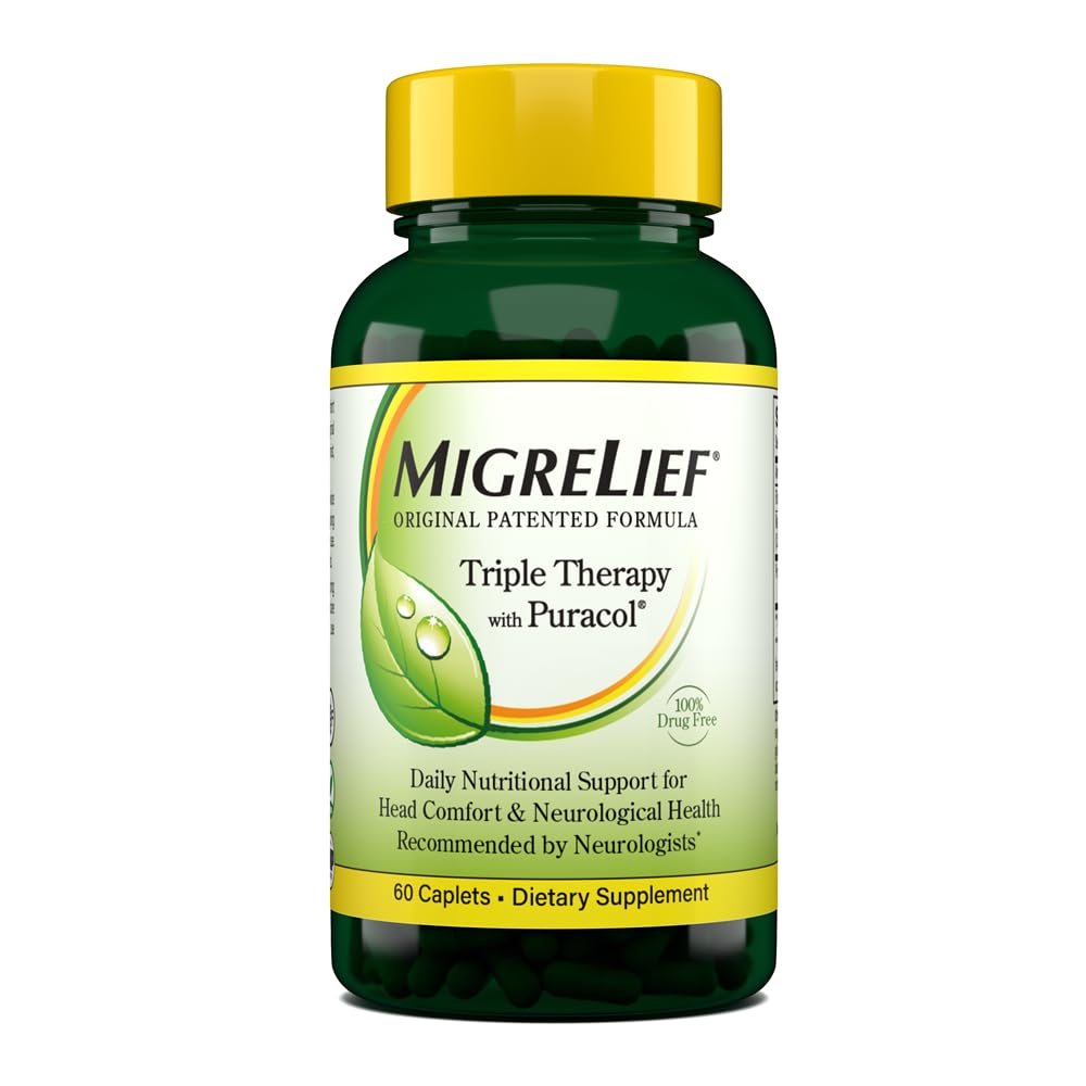 MigreLief Triple Thérapie Originale avec Puracol - Soutien nutritionnel pour les patients atteints de migraine - 60 Caplets / 1 mois d'approvisionnement
