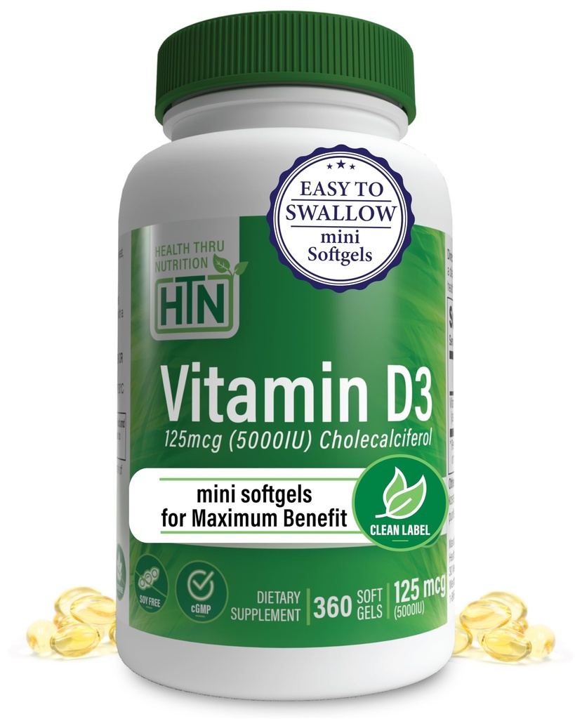 Gesundheit Thru Nutrition Vitamin D3 5000iu 360 Mini Softgels für maximale Leistung Jahr Versorgung | 125mcg Cholecalciferol | 3rd Party Getestet | Non-GMO USP Grad in Bio-EVOO | Immungesundheitsunterstützung