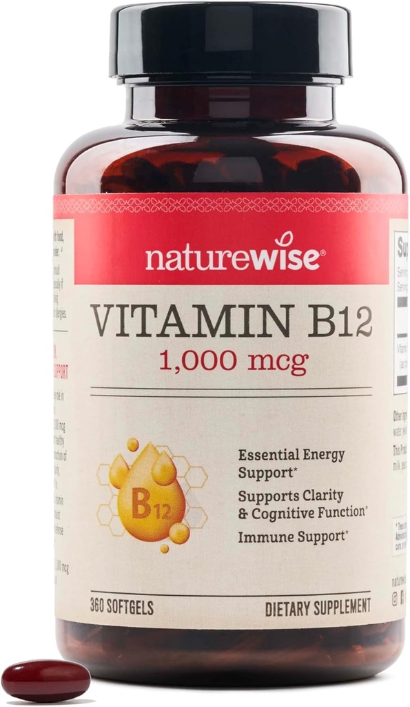 NatureWise Vitamine B12 1000 mcg - Supplément alimentaire pour soutenir le métabolisme de l'énergie, la clarté mentale, la santé du système nerveux - Facile à avaler, sans soja et sans gluten, non-OGM - Compte de 360[1 an]