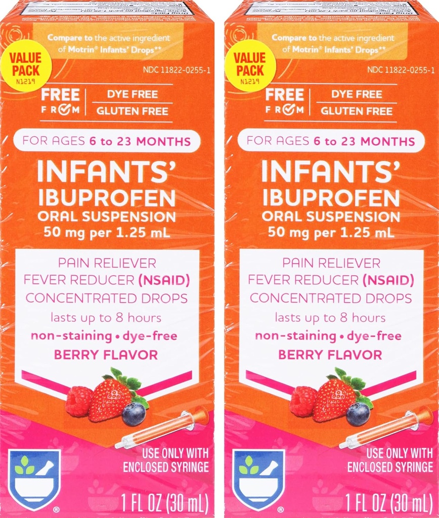 Rite Aid Infants' Dye-Free Ibuprofen Tropfen, Berry Flavor, 50 mg - 2 Wert Pack | Infant Pain Reliever | für Babys Alter 6 bis 23 Monate | Oral Suspension 50 mg pro 1,25 mL | Gluten Kostenlos