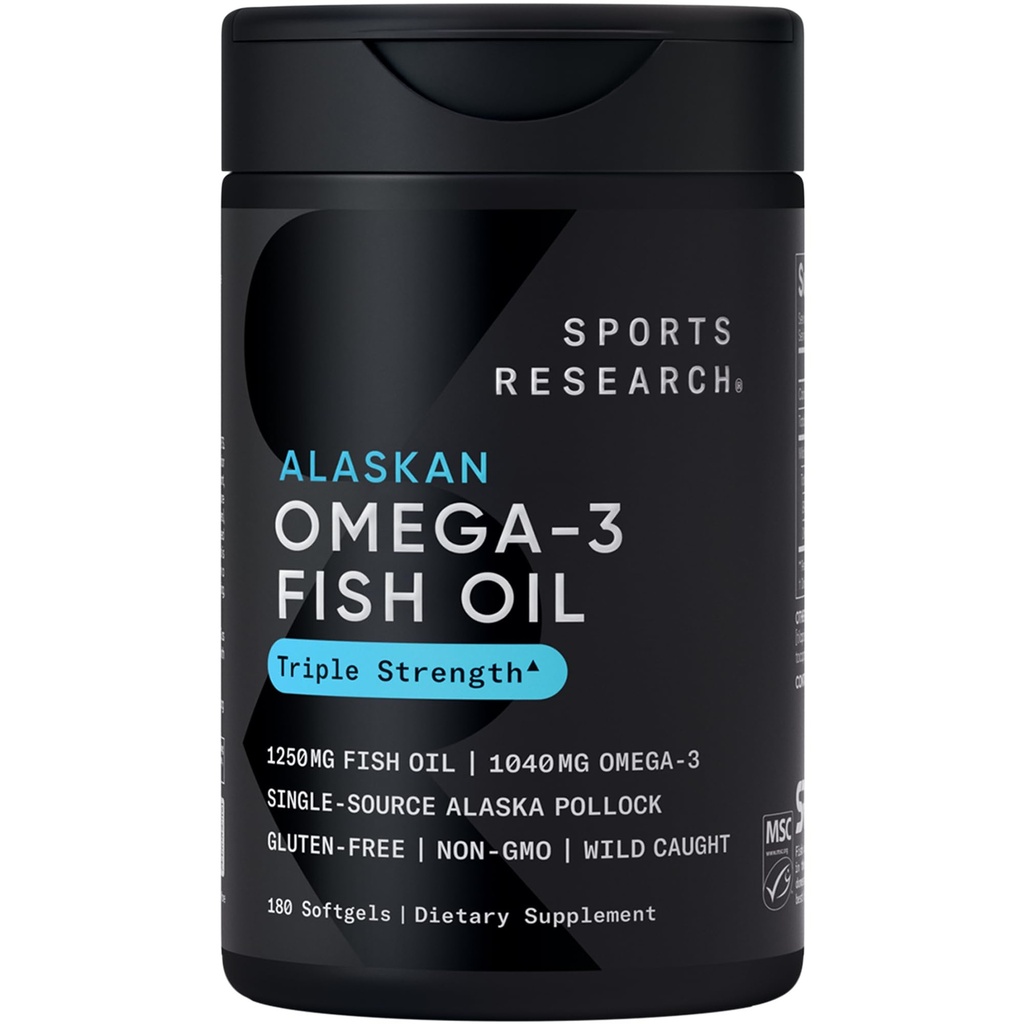 Sportforschung Triple Strength Omega 3 Fish Oil - Burpless Fish Oil Supplement w/EPA & DHA Fettsäuren von Single-Source Wild Alaskan Pollock - 1250 mg, 180 ct