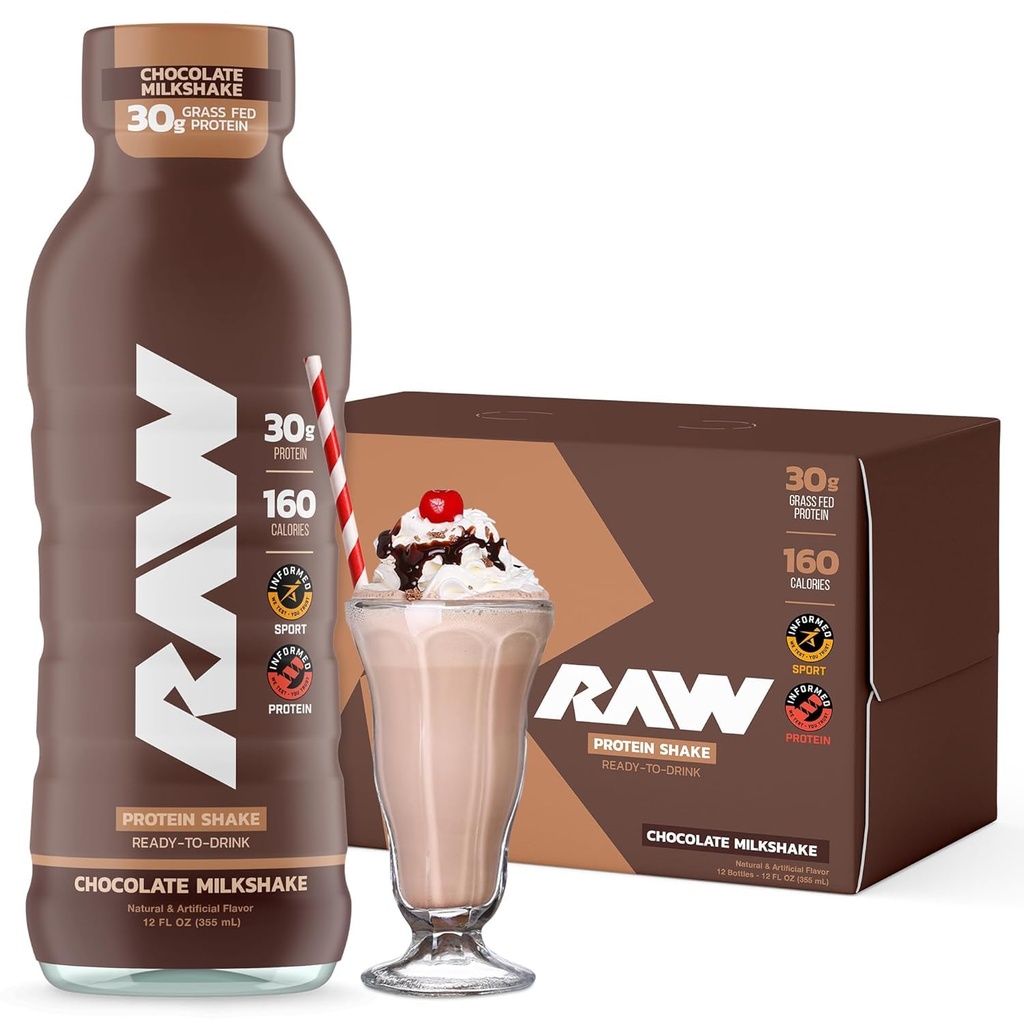 RAW Secouer les protéines prêtes à boire, Chocolat - boissons protéiques de RDT avec l'isolat de protéines de lactosérum pour post-entraînement - Zéro-sucre et sans gluten boisson de remplacement et petit déjeuner Shake, 12 Fl Oz
