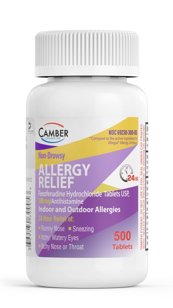 Camber 24 Hrs Fexofenadine antihistaminique non somnolente Comprimés antiallergiques intérieurs à l'extérieur 500 Nombre Taille de la famille