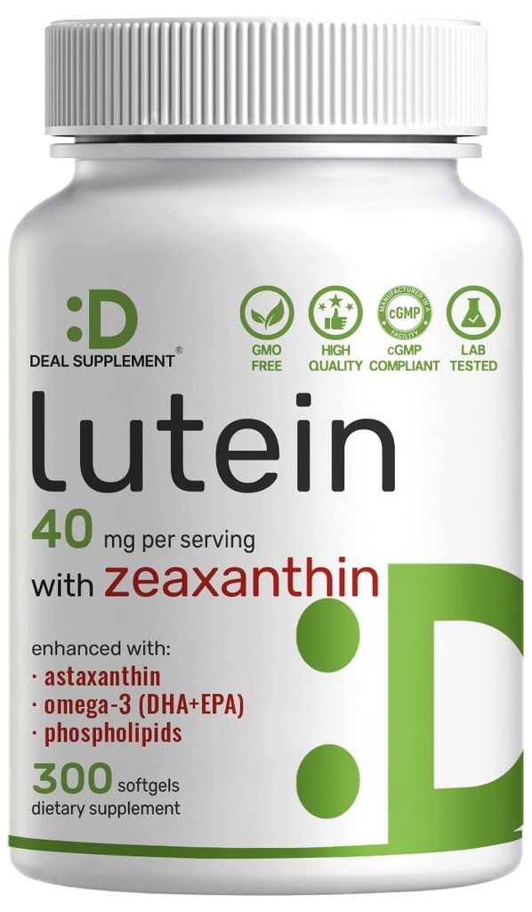 Lutein und Zeaxanthin Ergänzungen, 40mg pro Servierung, 300 Softgels – Plus Astaxanthin, Omega-3s, & Phospholipide – Non-GMO