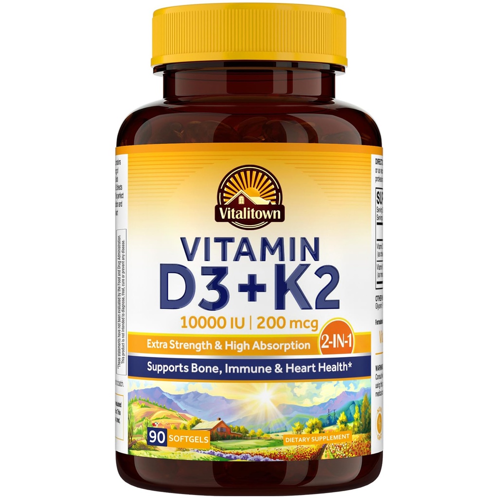 Vitalitown Vitamin D3 K2 Supplement, Vitamin D3 10000 IU Vitamin K2 (MK7) 200 mcg, 90 Softgels, Non-GMO, No Gluten & Soy, für Knochen, Zähne, Immun- & Herz-Gesundheit