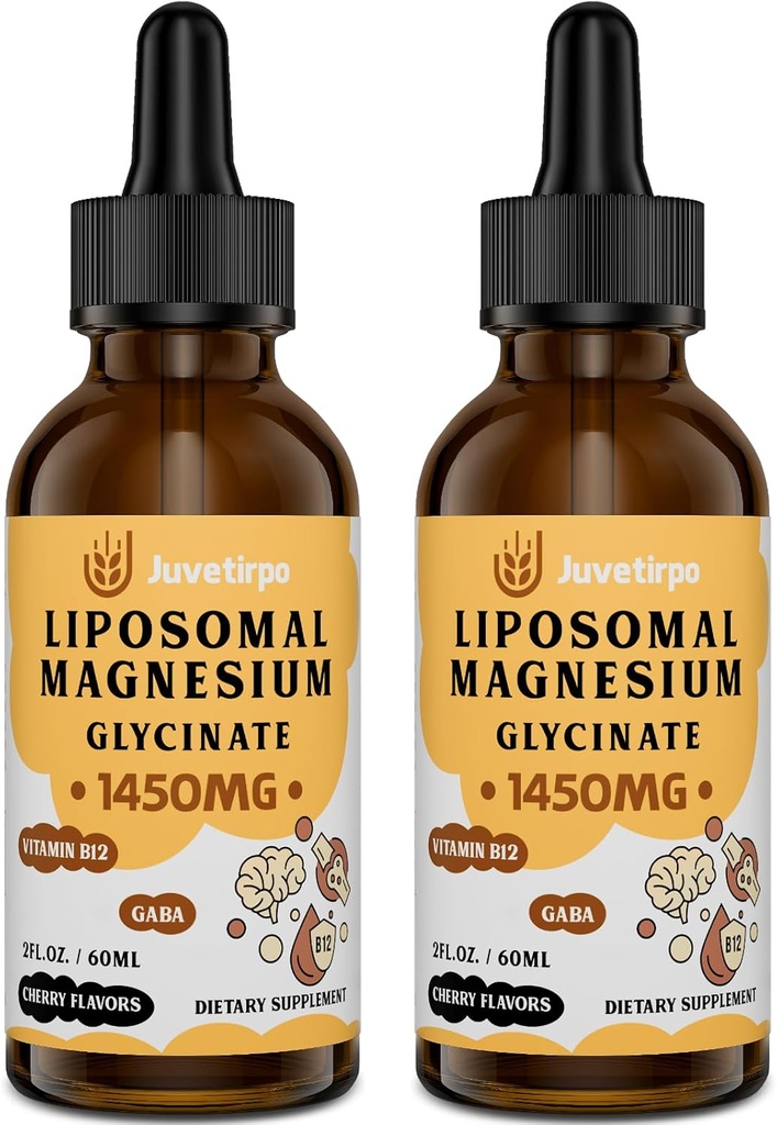 Glycinat de magnésium gouttes liquides - chélate liposomique avec goût de cerise pour l'absorption facile, favorise le sommeil, l'humeur, la santé intestinale et osseuse, réduit le stress - 60ML (2,04 Fl Oz (paquet de 2))