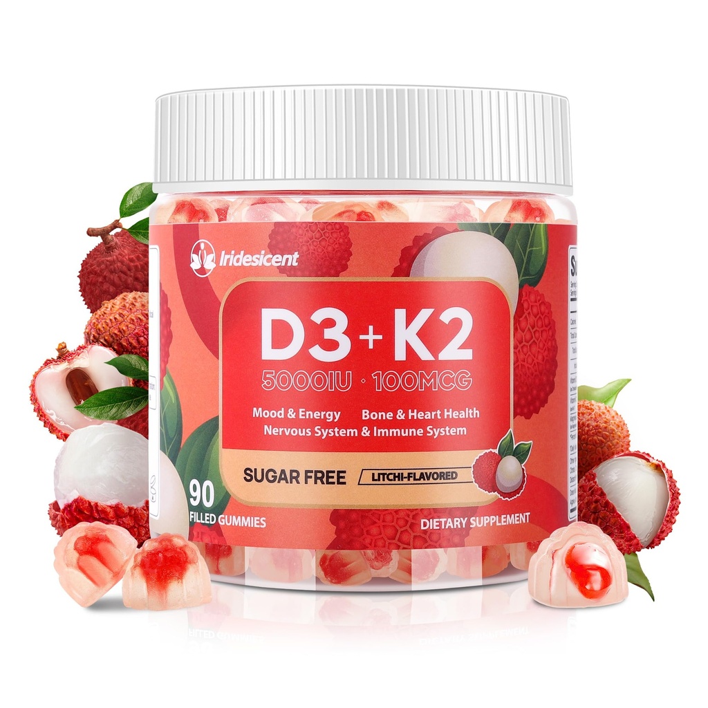 Vitamin D3 K2 Gummie w/Magnesium Sugar Free - 90 Count | D3 Vitamin 5.000 IU + K2(MK-7) 100 mcg - Vegan K2 D3 Vitamin Supplement, hochabsorbierende Unterstützt Knochen, Muskel, Mood & Immun (Lychee Flavor)