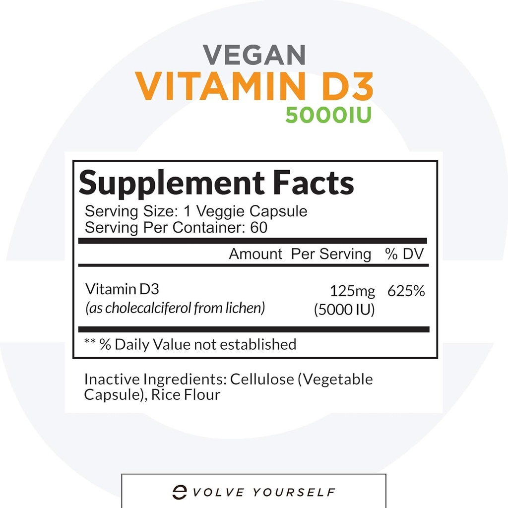 Vegan Vitamin D3 5000 IU-Ergänzung - Reine, hohe Potenz D3 Vitamin 5000 IU-Ergänzungen für Immungesundheit und starke Knochenunterstützung - 120 Kapseln, Bereitstellung einer 2-Monats-Versorgung von VIT D3