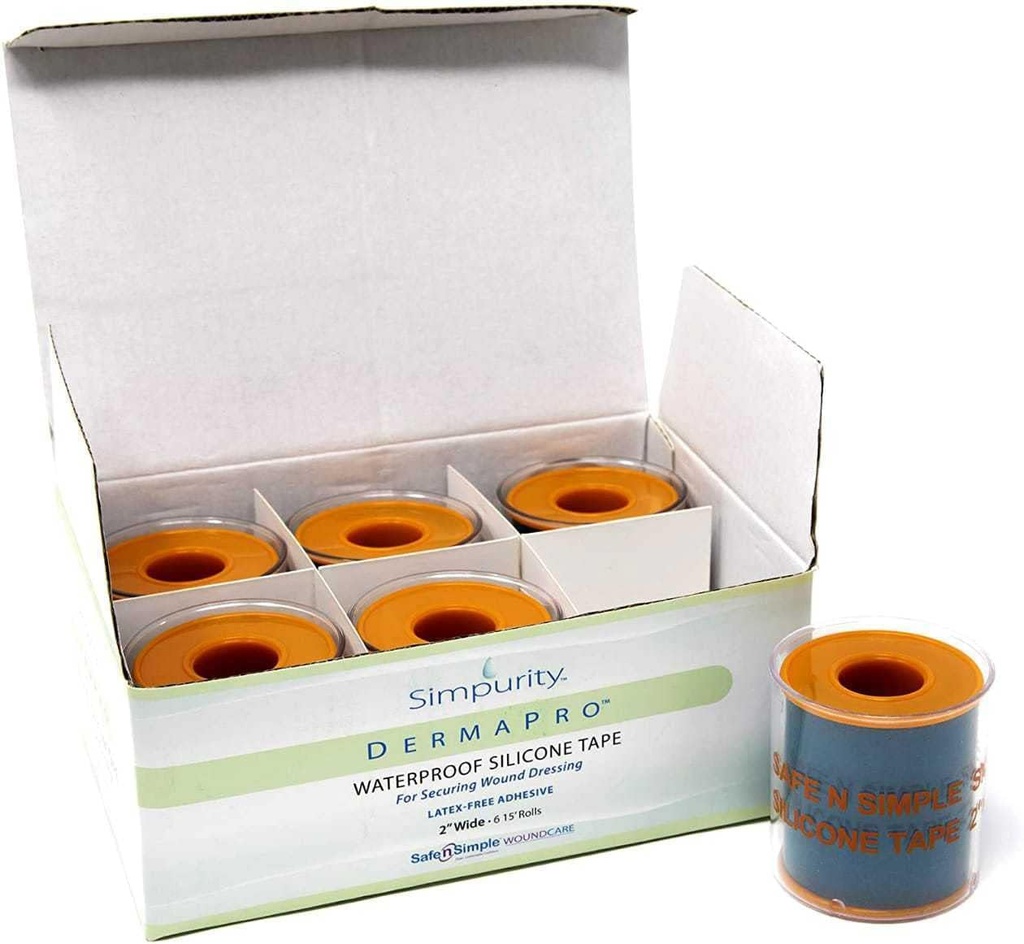 Simpurity DermaPro Silikon Tape Wasserdicht -2"x15' Individuelles Pack von 6- Latex Free Tape Medical für die Sicherung von Wund Dressing - Silikon Wound Heilband für empfindliche Haut Wasserdicht