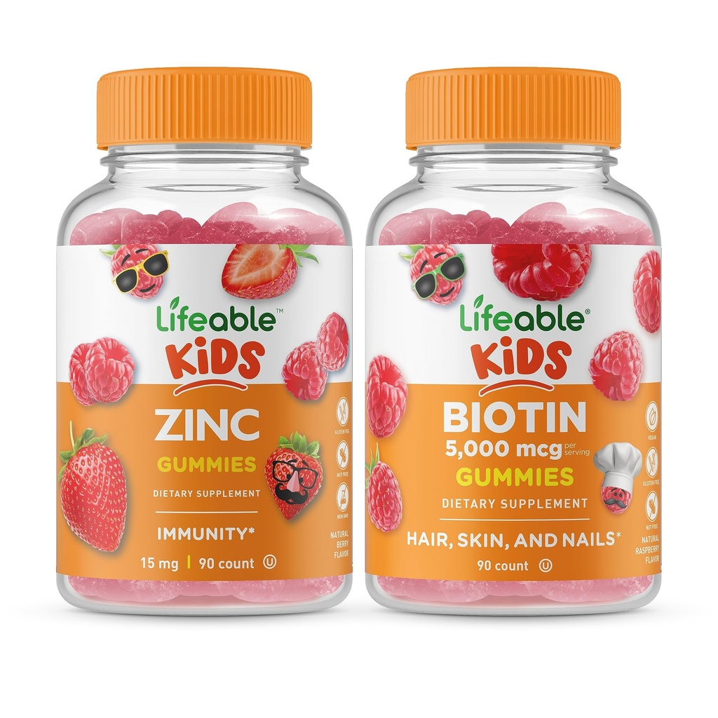 Lebensfähige Zink Kids + Biotin Kids, Gummie Bundle - Große Verkostung, Vitamin-Ergänzung, Glutenfrei, GMO frei, Kaugummi