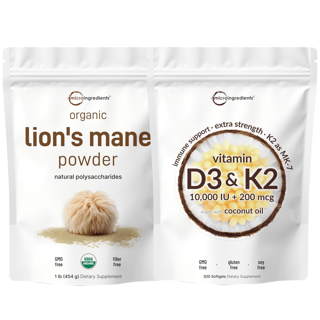 Vitamin D3 10.000iu + K2 200mcg Kokosöl Softgels & Lions Mane Mushroom Supplement Powder Bundle 2 Pack | Essential Sunshine Vitamine | Natürliche Superfood für Brain, Energie, &amp; Immu