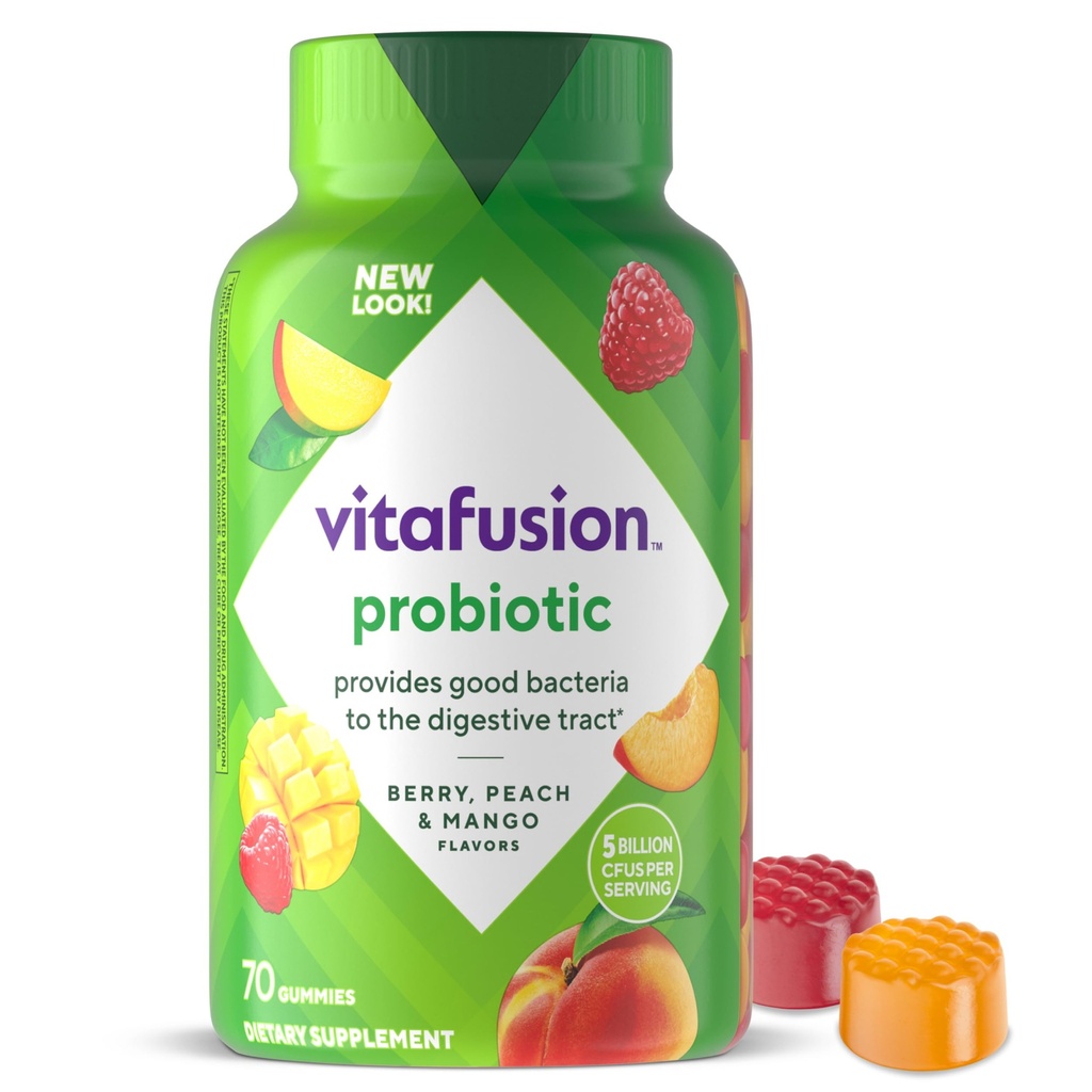 suppléments de gummy probiotiques de vitafusion, framboises, pêches et aromates de mangue, suppléments nutritionnels probiotiques avec 5 milliards d'UFC, 35 jours d'approvisionnement, 70 comtes