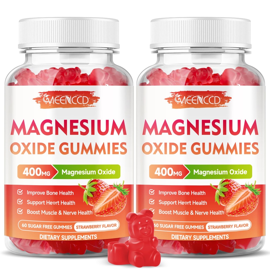 2 Pack Magnesium Oxide Gummies 400mg, Chewable Magnesium Oxide Supplement for Adults & Kids, Muscle Function Support, Non-GMO, Sugar-Free, Strawberry Flavor, 120 Count