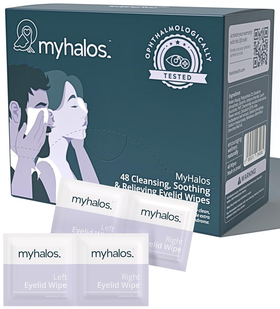 MyHalos® 48 Hydrating Eyelid Wipes for Dry Eye Relief - Feuchtigkeitsspendende und beruhigende Augenwunden mit Teebaum - Hilft mit Blepharitis & Computer Vision Syndrom, Blepharitis Behandlung für Augenlider, Reiniger
