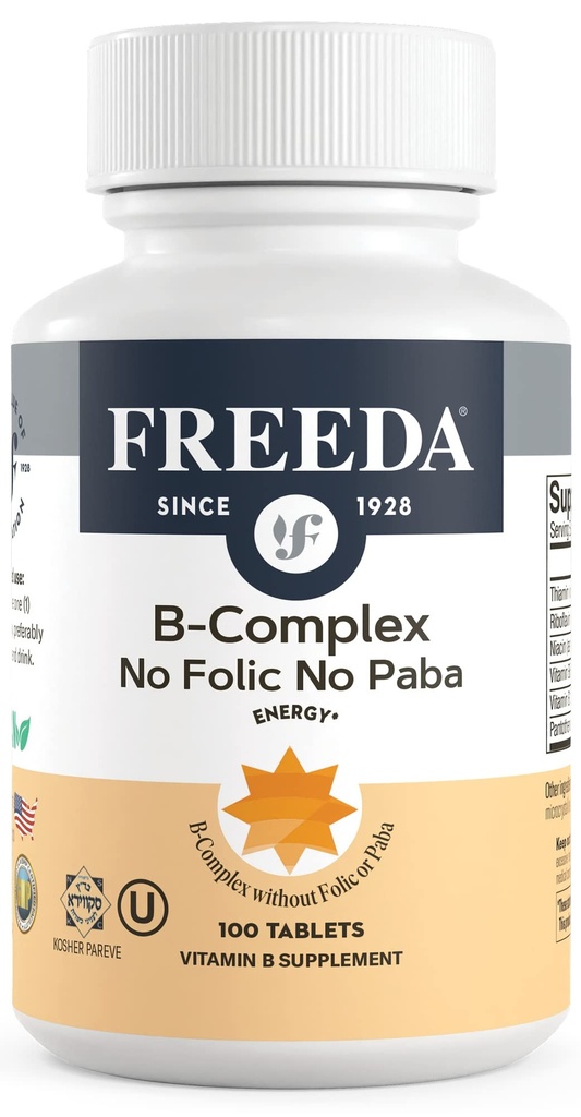 Freeda Vitamin B Complex No Folic No PABA - Super B Complex Kosher Vitamin Supplement mit Vitamin B1 Vitamin B2 Vitamin B3 Vitamin B5 Vitamin B6 Vitamin B12 - Vit B Complex B für Damen und Herren (100 Ct)