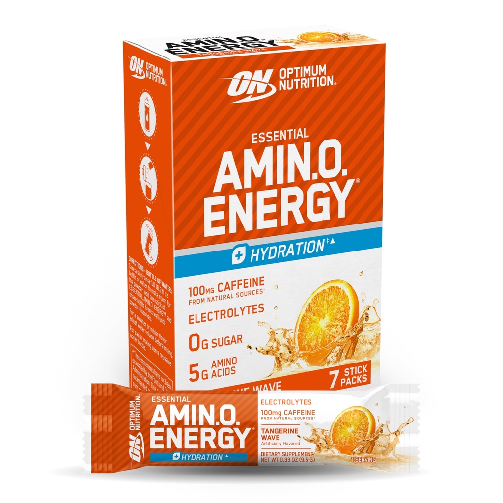 Optimum Nutrition Essential Amino Energy Plus Elektrolyte Stick Packs, Energy Powder, Tangerine Wave, 7 Count