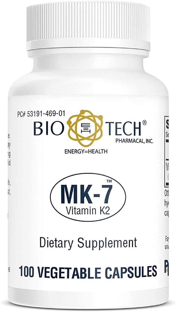 Bio-Tech Pharmacal MK-7 (Vitamine K2), 100 capsules végétales – Supplément tout naturel – Soutient la santé cardiovasculaire et osseuse – Pas de laiterie, poisson, gluten, arachide, mollusques, OGM, casher, halal et soja –