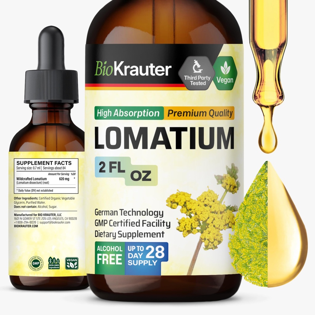 BIO KRAUTER Lomatium Root Tincture - Vegan Respiratory Support Supplement - Lomatium Dissectum Liquid Extract - Alkohol & Zucker kostenlos - 2 Fl.Oz.