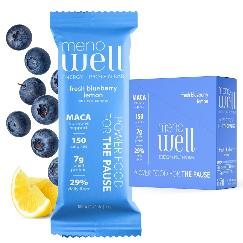 MénoWell Barres protéinées de la ménopause pour les femmes, soutien de la gestion du poids, citron de bleuet frais, 25% de fibre quotidienne, base végétale, 7g de protéines, 1g de sucre ajouté, 10 Compte (paquet de 1)